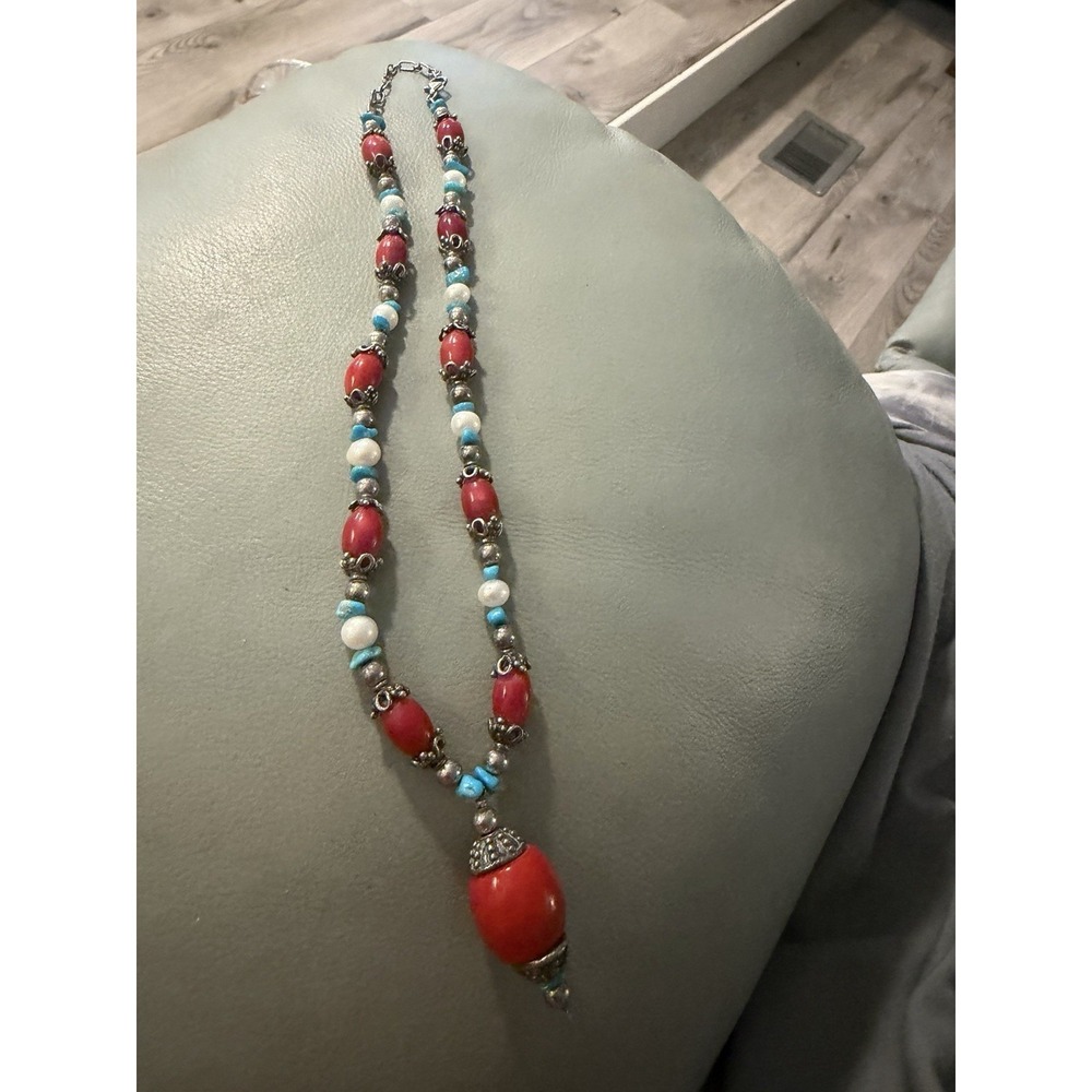 Vintage Beaded Necklace Pearl & Turquoise M 925 Sterling Silver Necklace 18"